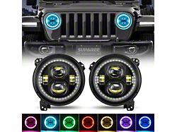 Suparee 9-Inch RGBW Halo LED Headlights with Remote and APP Control; Black Housing; Clear Lens (20-25 Jeep Gladiator JT)