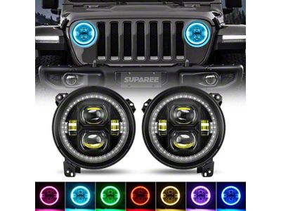 Suparee 9-Inch RGBW Halo LED Headlights with Remote and APP Control; Black Housing; Clear Lens (20-25 Jeep Gladiator JT)