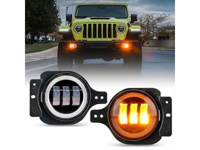 Suparee 4-Inch LED Fog Lights with White Halo DRL; Amber (18-25 Jeep Wrangler JL)