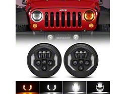 Suparee 7-Inch Fang Style Headlights with DRL and Amber Turn Signals; Black Housing; Clear Lens (76-86 Jeep CJ7; 97-18 Jeep Wrangler TJ & JK)