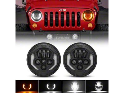 Suparee 7-Inch Fang Style Headlights with DRL and Amber Turn Signals; Black Housing; Clear Lens (76-86 Jeep CJ7; 97-18 Jeep Wrangler TJ & JK)