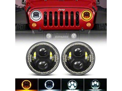Suparee 7-Inch Halo Headlights with Amber Turn Signals; Black Housing; Clear Lens (76-86 Jeep CJ7; 97-18 Jeep Wrangler TJ & JK)