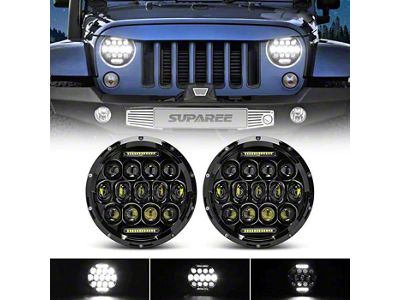 Suparee 7-Inch LED Headlights with DRL; Black Housing; Clear Lens (76-86 Jeep CJ7; 97-18 Jeep Wrangler TJ & JK)