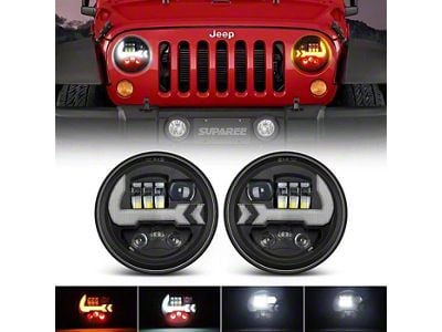Suparee 7-Inch LED Headlights with DRL, Turn Signal and Red Mood Lights; Black Housing; Clear Lens (76-86 Jeep CJ7; 97-18 Jeep Wrangler TJ & JK)
