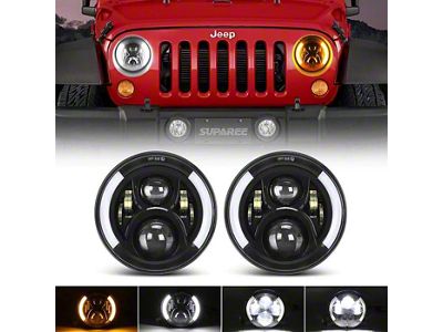 Suparee 7-Inch LED Headlights with White/Amber Dual Halo; Black Housing; Clear Lens (76-86 Jeep CJ7; 97-18 Jeep Wrangler TJ & JK)