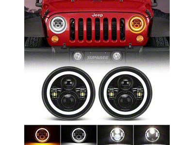 Suparee 7-Inch LED Headlights with White DRL and Amber Turn Signals; Black Housing; Clear Lens (76-86 Jeep CJ7; 97-18 Jeep Wrangler TJ & JK)