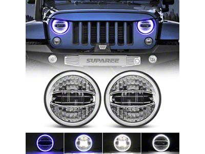 Suparee 7-Inch LED Headlights with White DRL and Blue Halo; Chrome Housing; Clear Lens (76-86 Jeep CJ7; 97-18 Jeep Wrangler TJ & JK)