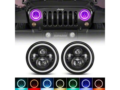 Suparee 7-Inch RGB Halo LED Headlights with Bluetooth Remote; Black Housing; Clera Lens (76-86 Jeep CJ7; 97-18 Jeep Wrangler TJ & JK)