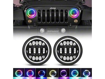 Suparee 7-Inch RGBW Halo LED Headlights with Amber Turn Signals; Black Housing; Clear Lens (76-86 Jeep CJ7; 97-18 Jeep Wrangler TJ & JK)