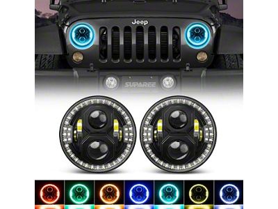 Suparee 7-Inch RGBW Halo LED Headlights with Remote and APP Control; Black Housing; Clear Lens (76-86 Jeep CJ7; 97-18 Jeep Wrangler TJ & JK)