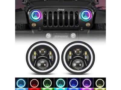 Suparee 7-Inch RGBW LED Headlights with Turn Signal Halos; Black Housing; Clear Lens (76-86 Jeep CJ7; 97-18 Jeep Wrangler TJ & JK)