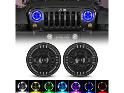 Suparee 7-Inch RGBW LED Headlights with Z-Cutoff Focus Beam; Black Housing; Clear Lens (76-86 Jeep CJ7; 97-18 Jeep Wrangler TJ & JK)