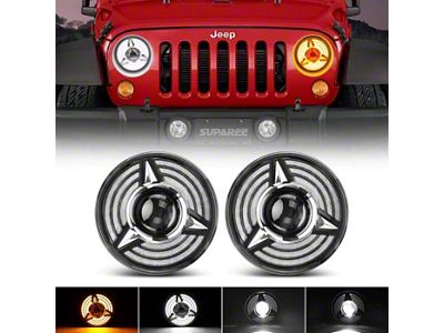 Suparee 7-Inch Triple Halo LED Headlights with DRL Turn Signals; Black Housing; Clear Lens (76-86 Jeep CJ7; 97-18 Jeep Wrangler TJ & JK)