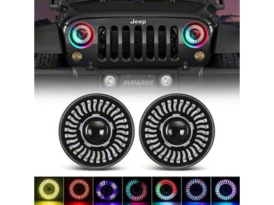 Suparee 7-Inch Turbine Style RGB LED Headlights; Black Housing; Clear Lens (76-86 Jeep CJ7; 97-18 Jeep Wrangler TJ & JK)