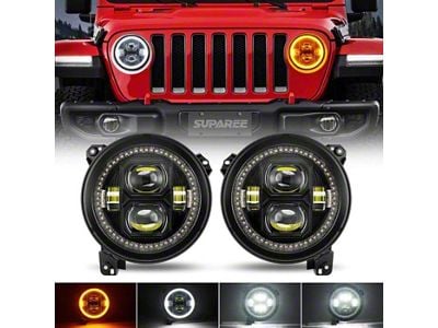 Suparee 9-Inch Halo Headlights with Amber Turn Signals; Black Housing; Clear Lens (18-25 Jeep Wrangler JL)