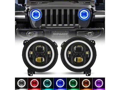 Suparee 9-Inch LED Headlights with RGBW Halo; Black Housing; Clear Lens (18-25 Jeep Wrangler JL)