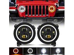 Suparee 9-Inch LED Headlights with White DRL and Amber Turn Signals; Black Housing; Clear Lens (18-25 Jeep Wrangler JL)