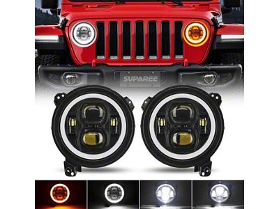 Suparee 9-Inch LED Headlights with White DRL and Amber Turn Signals; Black Housing; Clear Lens (18-25 Jeep Wrangler JL)