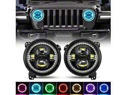 Suparee 9-Inch RGBW Halo LED Headlights with Remote and APP Control; Black Housing; Clear Lens (18-25 Jeep Wrangler JL)