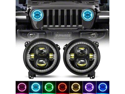 Suparee 9-Inch RGBW Halo LED Headlights with Remote and APP Control; Black Housing; Clear Lens (18-25 Jeep Wrangler JL)