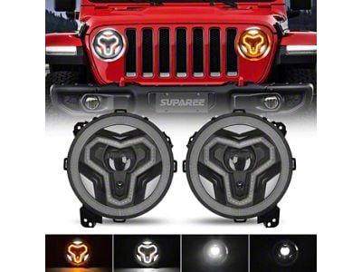 Suparee 9-Inch Tri-Eye LED Headlights with DRL and Amber Turn Signals; Black Housing; Clear Lens (18-25 Jeep Wrangler JL)