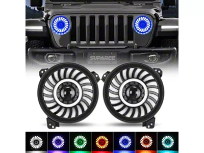 Suparee 9-Inch Turbine Style RGBW LED Headlights; Black Housing; Clear Lens (18-25 Jeep Wrangler JL)