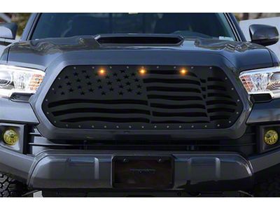 1-Piece Steel Upper Grille Overlay with Amber Raptor Lights; American Flag Wave (16-17 Tacoma)