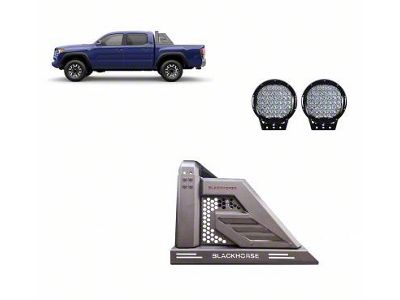 Armour II Roll Bar with 9-Inch Black Round Flood LED Lights; Black (05-23 Tacoma)