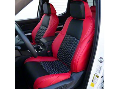 Premium Artificial Leather Front and Rear Seat Covers; Red with Black Double Hex Accent Insert with White Stitcing (24-26 Tacoma)