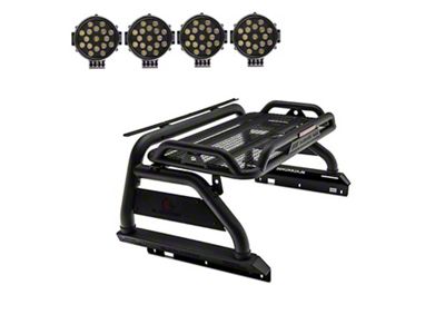 Atlas Roll Bar with 7-Inch Black Round LED Lights for Tonneau Cover; Black (05-23 Tacoma)