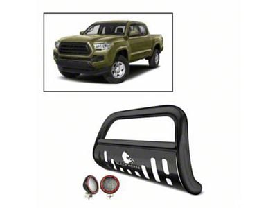 Bull Bar with 5.30-Inch Red Round Flood LED Lights; Black (16-23 Tacoma)