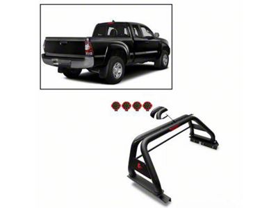 Classic Roll Bar with 7-Inch Red Round LED Lights for Tonneau Cover; Black (05-23 Tacoma)