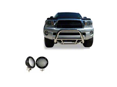 Max Bull Bar with 5.30-Inch Black Round Flood LED Lights; Stainless Steel (05-15 Tacoma)