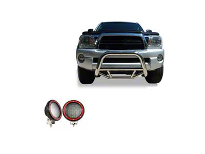 Max Bull Bar with 5.30-Inch Red Round Flood LED Lights; Stainless Steel (05-15 Tacoma)