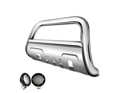 Savannah Bull Bar with 5.30-Inch Black Round Flood LED Lights; Stainless Steel (16-23 Tacoma)