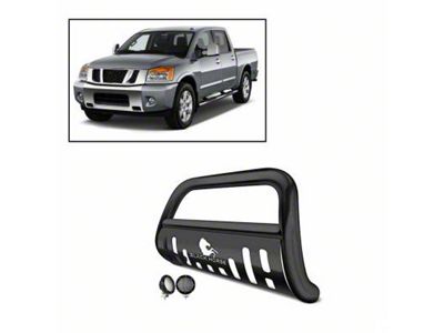 Bull Bar with Black Skid Plate and 5.30-Inch Black Round Flood LED Lights; Black (04-15 Titan)
