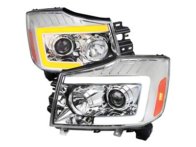 LED C-Bar Projector Headlights with Switchback Sequential Signal; Chrome Housing; Clear Lens (04-15 Titan)
