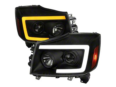 LED C-Bar Projector Headlights with Switchback Sequential Turn Signal; Black Housing; Smoked Lens (04-15 Titan)