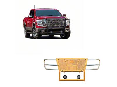 Rugged Heavy Duty Grille Guard with 5.30-Inch Black Round Flood LED Lights; Black (17-24 Titan)