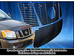 Stainless Steel Billet Upper and Lower Overlay Grilles with Logo Cutout; Black (08-15 Titan)