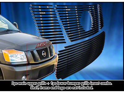 Stainless Steel Billet Upper and Lower Overlay Grilles with Logo Cutout; Black (08-15 Titan)