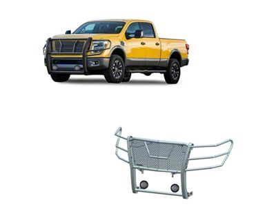 Rugged Heavy Duty Grille Guard with 5.30-Inch Black Round Flood LED Lights; Black (16-24 Titan XD)