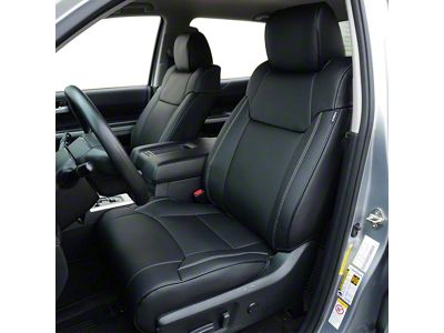 Premium Artificial Leather Front and Rear Seat Covers; All Black with White Stitching (14-21 Tundra Double Cab, CrewMax)