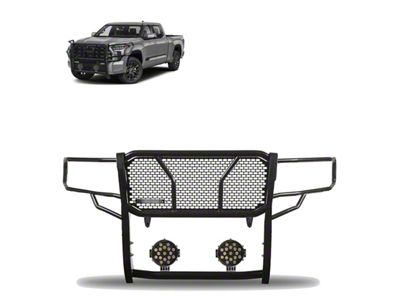 Rugged Heavy Duty Grille Guard with 7-Inch Black Round Flood LED Lights; Black (22-25 Tundra)