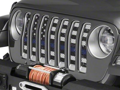 Under The Sun Inserts Grille Insert; Distressed Black and White Thin Blue Line (20-23 Jeep Gladiator JT w/o TrailCam; 24-25 Jeep Gladiator JT Sport)