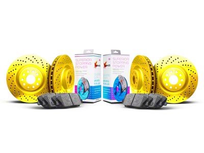 Xbrakes Xi Series Brake Rotor and Pad Kit; Front and Rear; Yellow (18-25 Jeep Wrangler JL w/ 328mm Solid Rear Rotors)