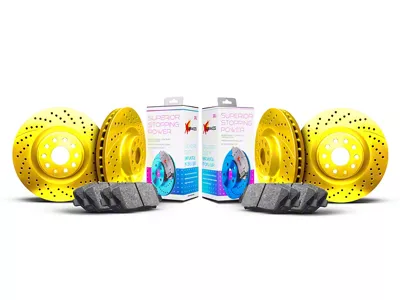 Xbrakes Xi Series 6-Lug Brake Rotor and Pad Kit; Front and Rear; Yellow (16-24 Titan XD)