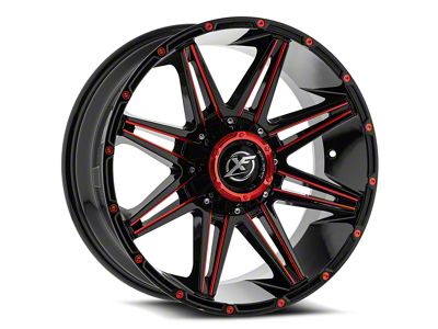 XF Offroad XF-220 Gloss Black and Red Milled Wheel; 22x10; -24mm Offset (18-25 Jeep Wrangler JL)