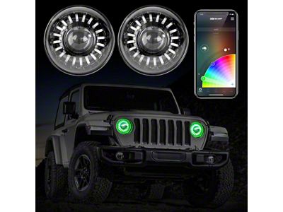XK Glow 7-Inch RGB LED Headlights with Dual-Mode Dash Mount Controller; Black Housing; Clear Lens (18-25 Jeep Wrangler JL)