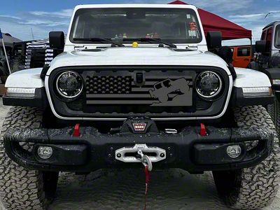 ZKD Customs Grille Insert; Offroad Vehicle Climbing Black and Light Gray American Flag (24-25 Jeep Gladiator JT)